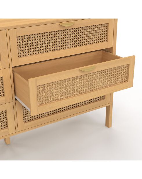 Commode Eve 6 tiroirs en cannage 140cm bois  - 140x40x80 cm