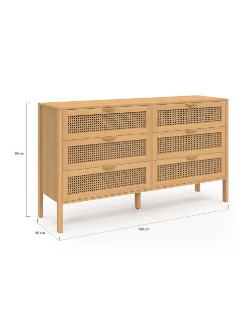 Commode Eve 6 tiroirs en cannage 140cm bois  - 140x40x80 cm