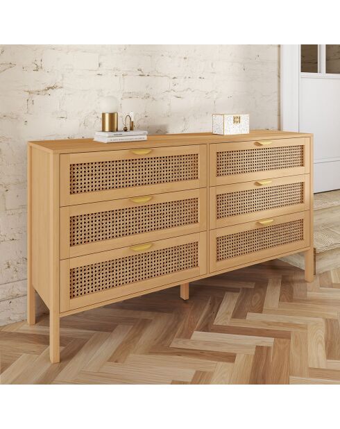 Commode Eve 6 tiroirs en cannage 140cm bois  - 140x40x80 cm