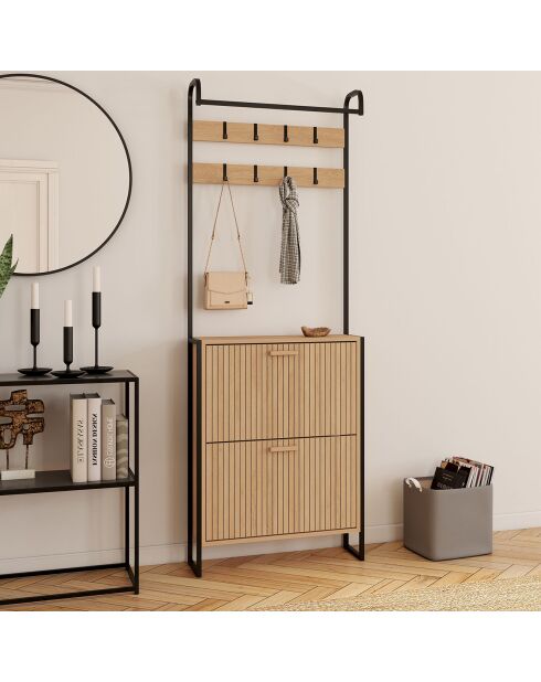 Vestiaire d'entrée Faustine effet lattes bois/noir - 63.5x23.5x180 cm