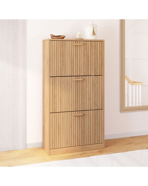 Meuble à chaussures Faustine 3 portes effet lattes 18 paires bois - 60x24x113 cm