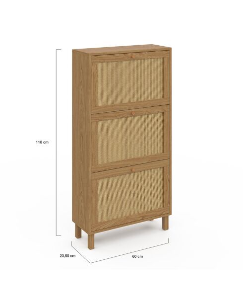 Meuble à chaussures Erin 3 portes en cannage 18 paires bois - 60x23.50x118 cm