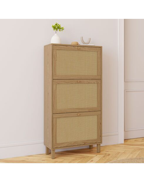 Meuble à chaussures Erin 3 portes en cannage 18 paires bois - 60x23.50x118 cm