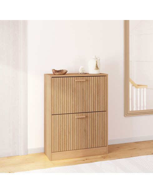Meuble à chaussures Faustine 2 portes effet lattes 12 paires bois - 60x24x80 cm