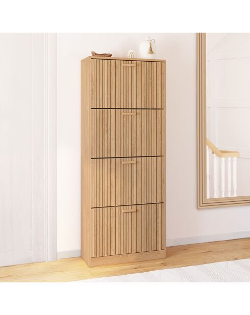 Meuble à chaussures Faustine 4 portes effet lattes 24 paires bois - 60x24x150 cm