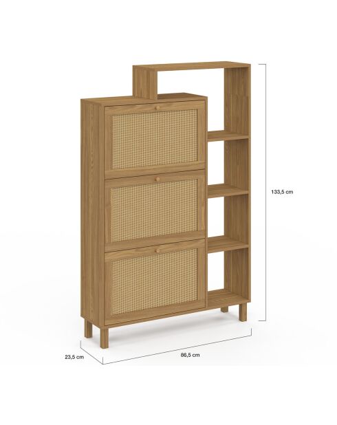 Meuble à chaussures Erin 3 portes en cannage 18 paires bois - 86.5x23.5x133.5 cm