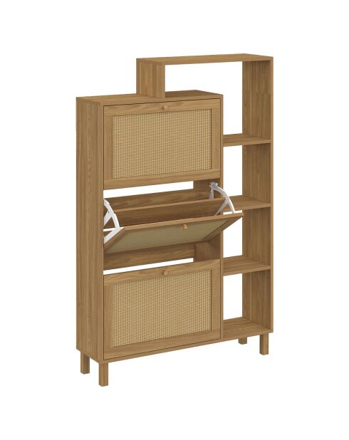 Meuble à chaussures Erin 3 portes en cannage 18 paires bois - 86.5x23.5x133.5 cm