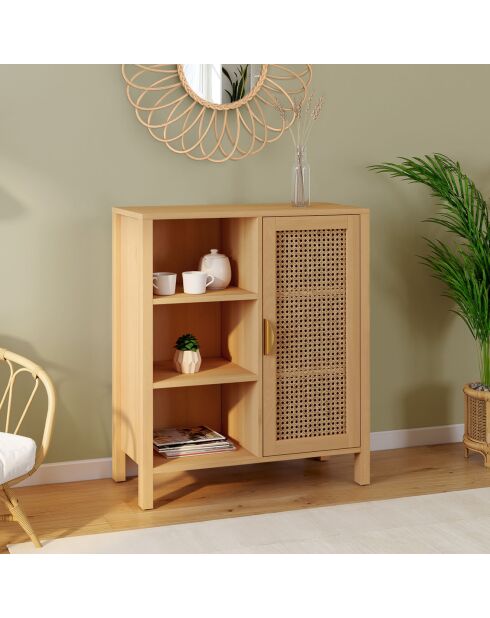 Buffet Eve 3 étagères et placard en cannage bois - 70x30x81 cm