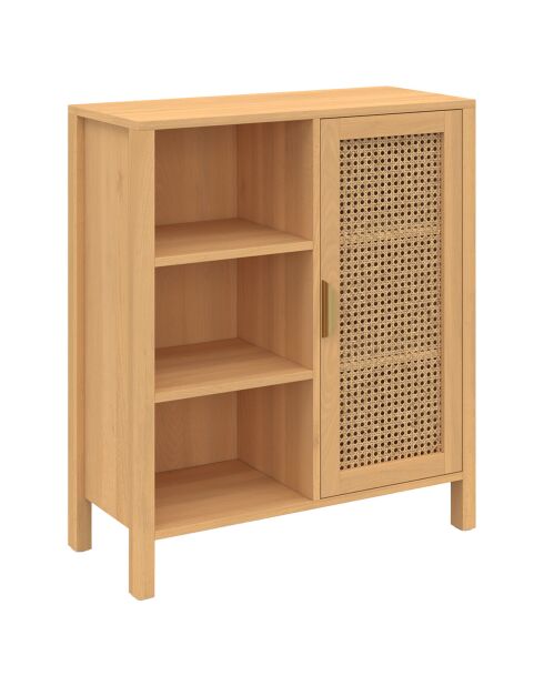 Buffet Eve 3 étagères et placard en cannage bois - 70x30x81 cm