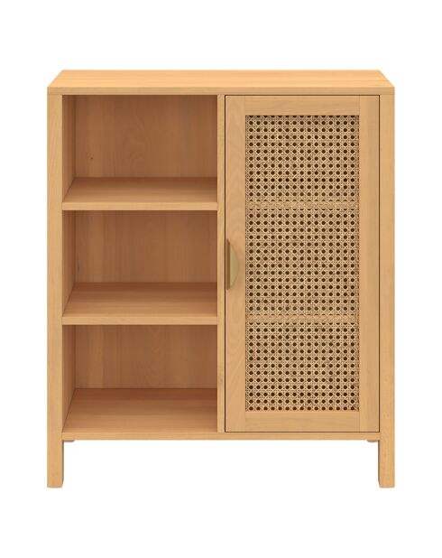 Buffet Eve 3 étagères et placard en cannage bois - 70x30x81 cm