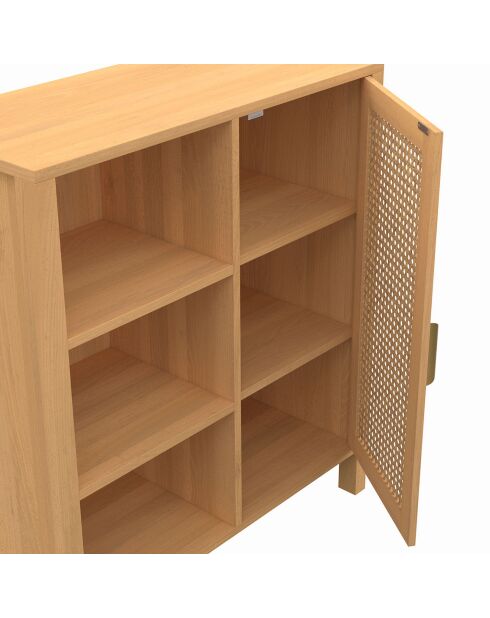Buffet Eve 3 étagères et placard en cannage bois - 70x30x81 cm