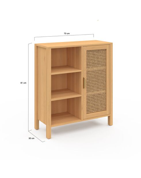 Buffet Eve 3 étagères et placard en cannage bois - 70x30x81 cm