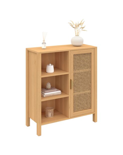 Buffet Eve 3 étagères et placard en cannage bois - 70x30x81 cm