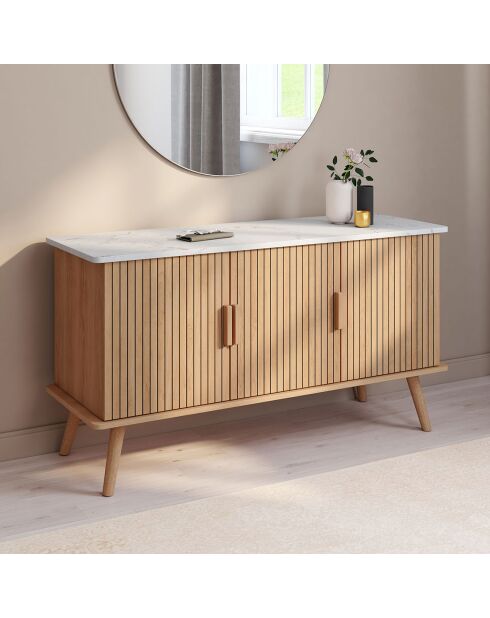 Buffet Marceau 3 portes effet lattes et dessus marbre bois/effet marbre blanc - 110x40x60 cm