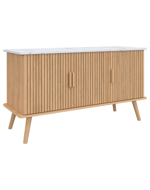Buffet Marceau 3 portes effet lattes et dessus marbre bois/effet marbre blanc - 110x40x60 cm