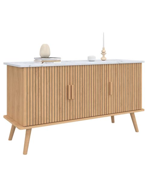 Buffet Marceau 3 portes effet lattes et dessus marbre bois/effet marbre blanc - 110x40x60 cm