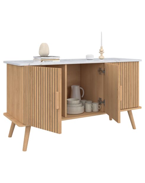 Buffet Marceau 3 portes effet lattes et dessus marbre bois/effet marbre blanc - 110x40x60 cm