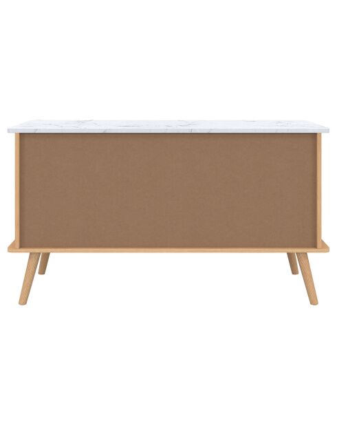 Buffet Marceau 3 portes effet lattes et dessus marbre bois/effet marbre blanc - 110x40x60 cm