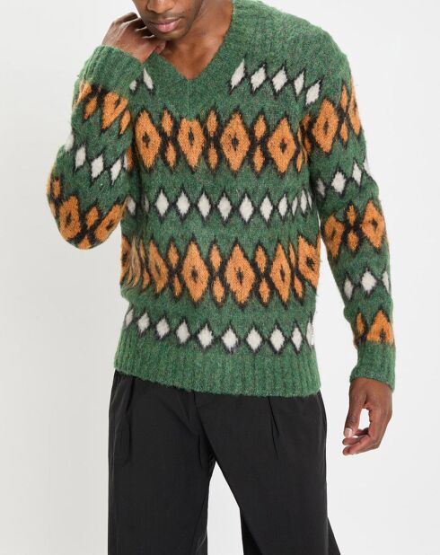 Pull en Laine, Alpaga & Mohair mélangés à motifs vert