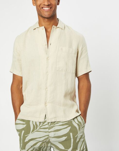 Camicia a maniche corte in 100% lino con taschino beige