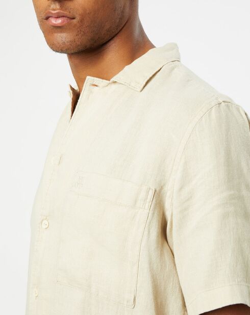 Camicia a maniche corte in 100% lino con taschino beige