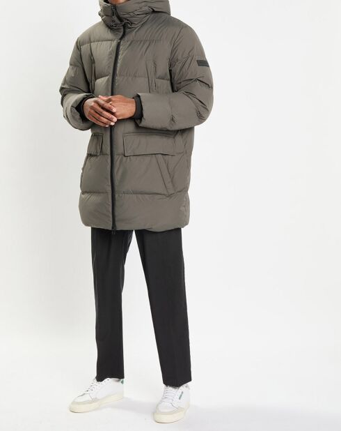 Parka Puffa mi-longue à capuche kaki gris