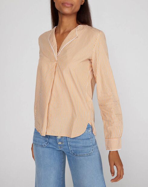 Popblouse met V-hals en gele strepen