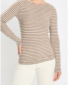 T-Shirt Col Bateau Coton bio flammé rayé marron/écru