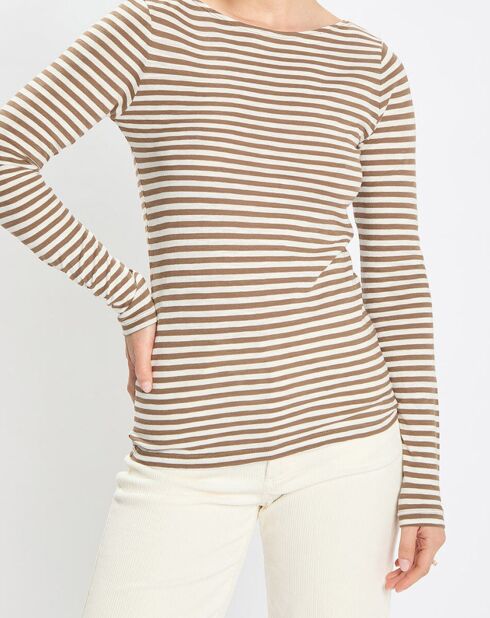 T-Shirt Col Bateau Coton bio flammé rayé marron/écru
