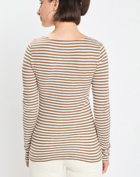 T-Shirt Col Bateau Coton bio flammé rayé marron/écru