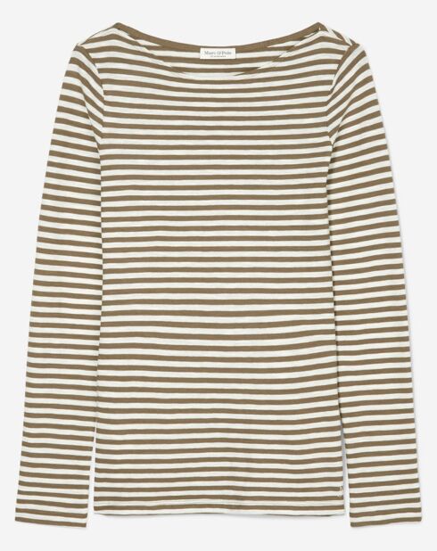 T-Shirt Col Bateau Coton bio flammé rayé marron/écru