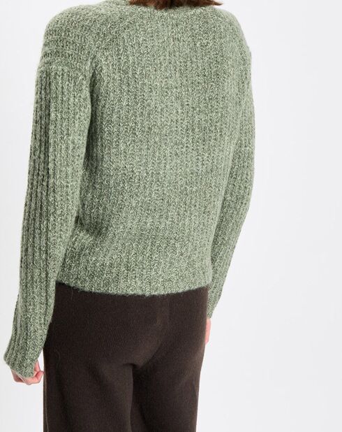 Gilet en Coton, Laine & Alpaga mélangés grosse maille chiné vert foncé
