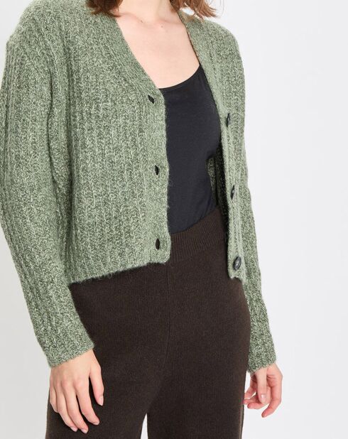 Gilet en Coton, Laine & Alpaga mélangés grosse maille chiné vert foncé