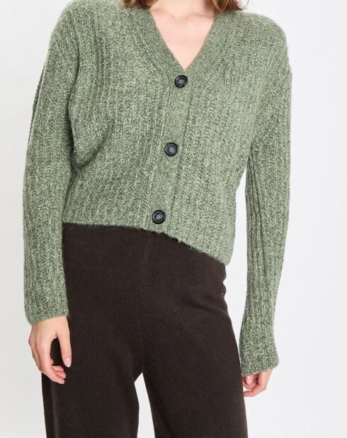 Gilet en Coton, Laine & Alpaga mélangés grosse maille chiné vert foncé