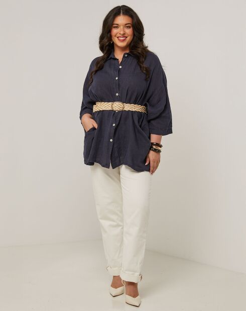 Marineblauw overhemd van 100% linnen Senda