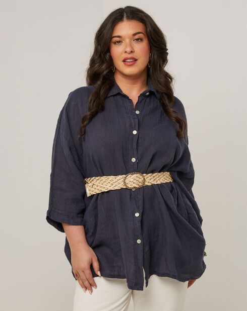 Marineblauw overhemd van 100% linnen Senda