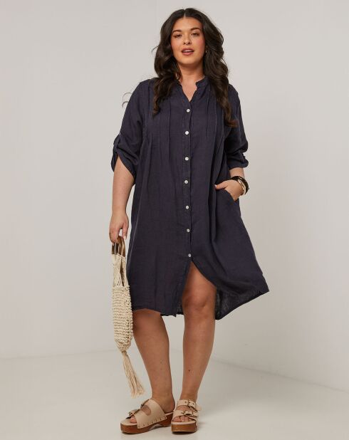 Marineblauwe jurk van 100% linnen Ariane