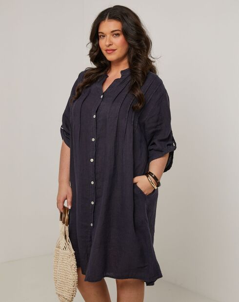 Marineblauwe jurk van 100% linnen Ariane