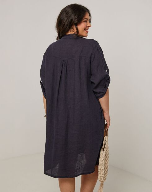 Marineblauwe jurk van 100% linnen Ariane