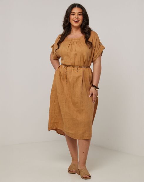 Kamelfarbenes Kleid Ranya aus 100% Leinen