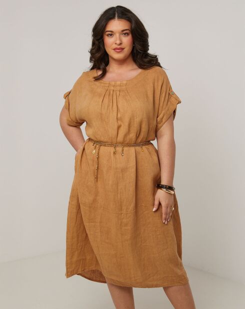 Kamelfarbenes Kleid Ranya aus 100% Leinen