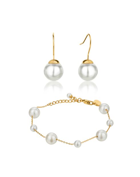 Bracelet & Boucles d'oreilles Linda en Acier & Perle de coquillage dorés