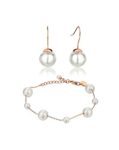 Bracelet & Boucles d'oreilles Linda en Acier & Perle de coquillage rose doré