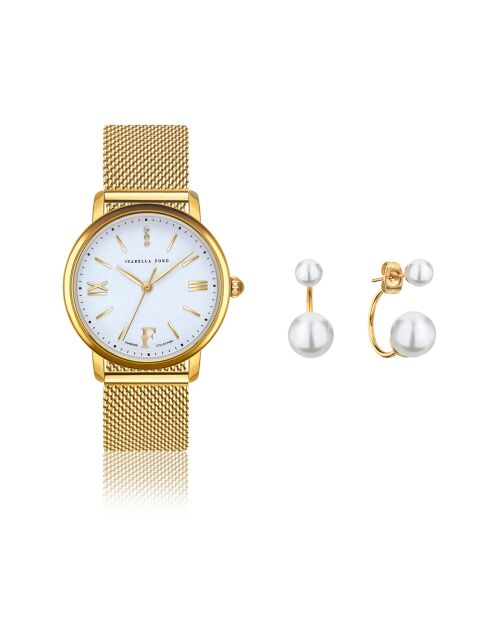 Montre & Boucles d'oreilles Selene en Acier & Diamant dorées
