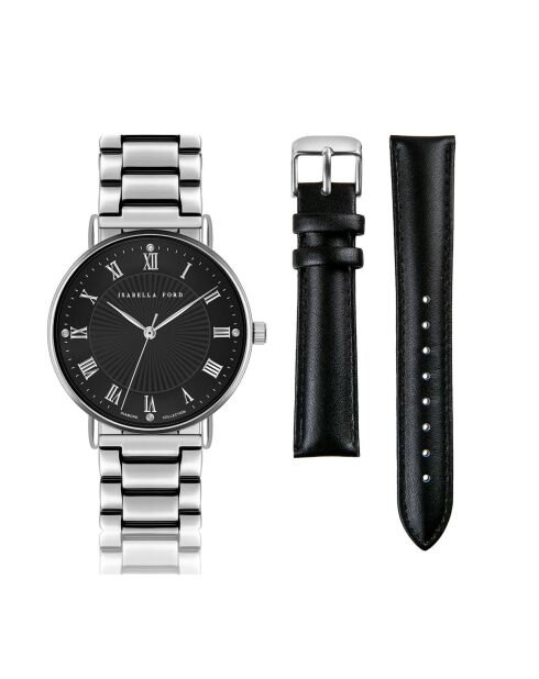 Montre 2 Bracelets Desirée en Acier & Diamant argenté/noir