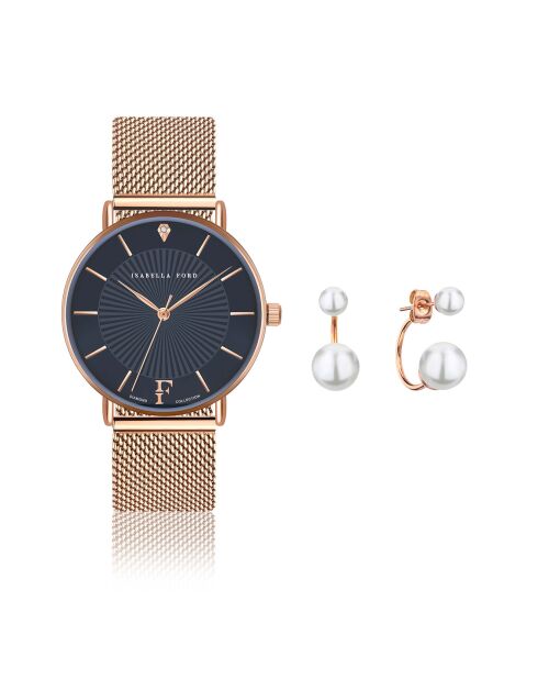 Montre & Boucles d'oreilles Florence en Acier & Diamant rose doré