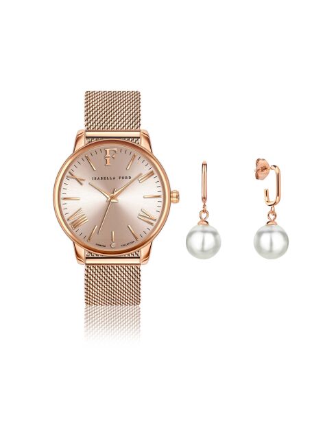 Montre & Boucles d'oreilles Scarelett en Acier & Diamant rose doré