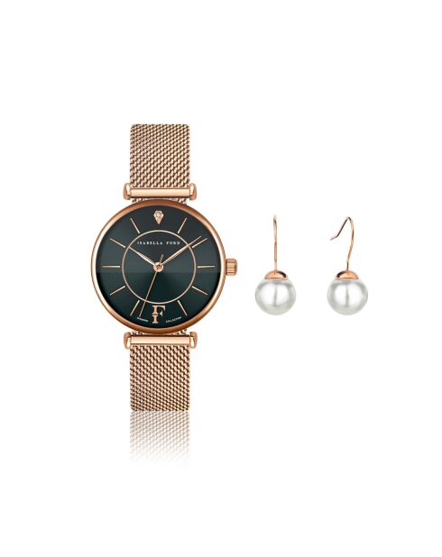 Montre & Boucles d'oreilles Portia en Acier & Diamant rose doré
