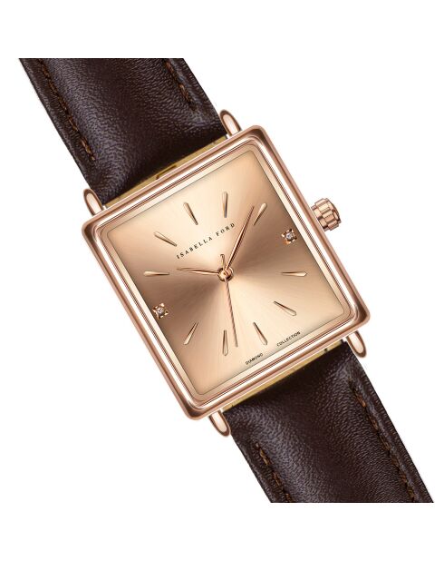 Montre & Collier Florence en Cuir & Diamant marron