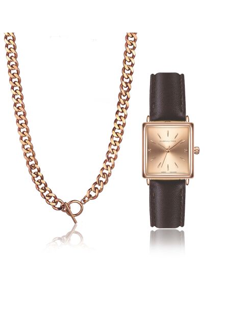 Montre & Collier Florence en Cuir & Diamant marron